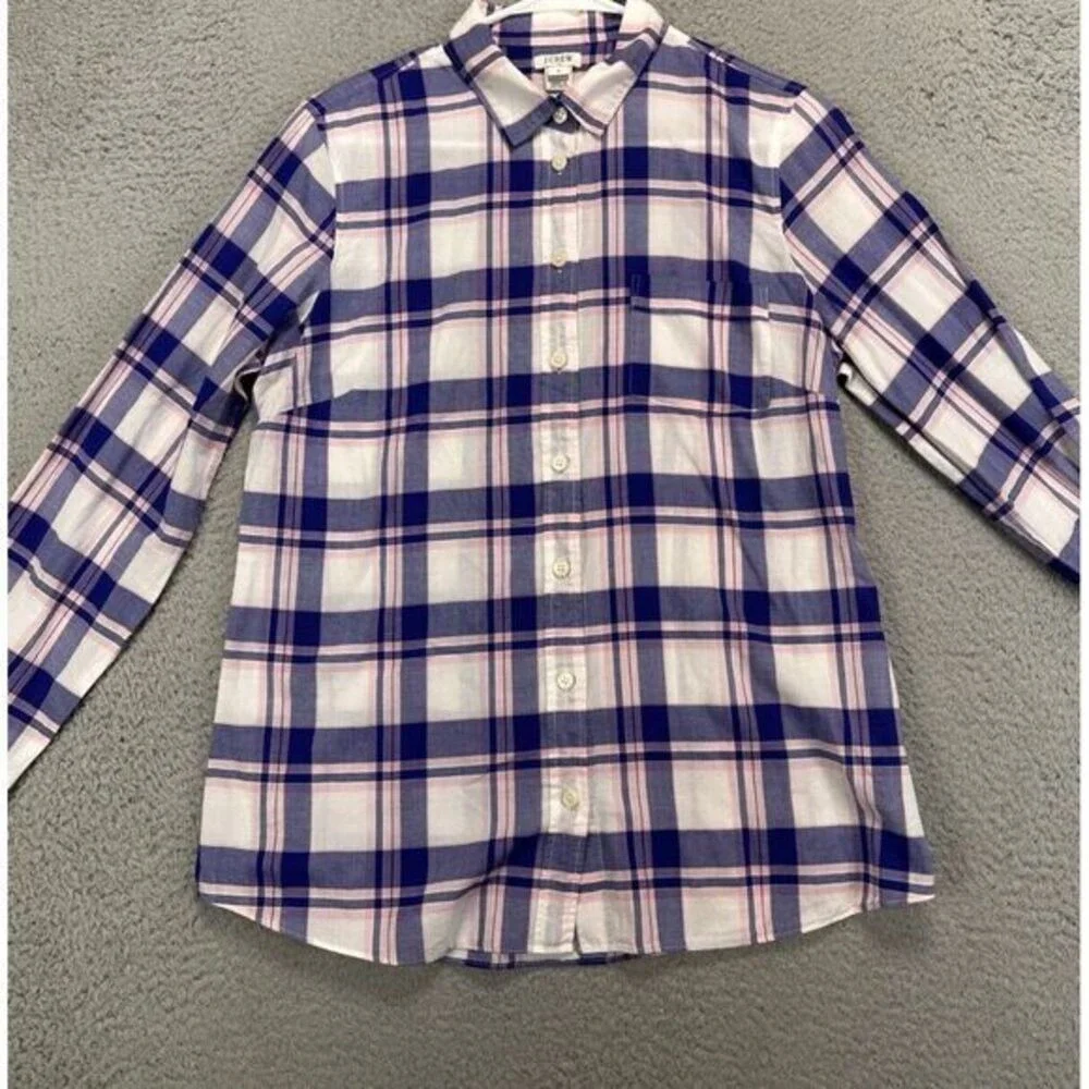 J Crew Button Up Shirt Womens Medium Purple Plaid Long Sleeve Pockets Ladies